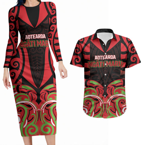 Custom Aotearoa Ngati Maru Couples Matching Long Sleeve Bodycon Dress and Hawaiian Shirt New Zealand Traditional Maori Pattern