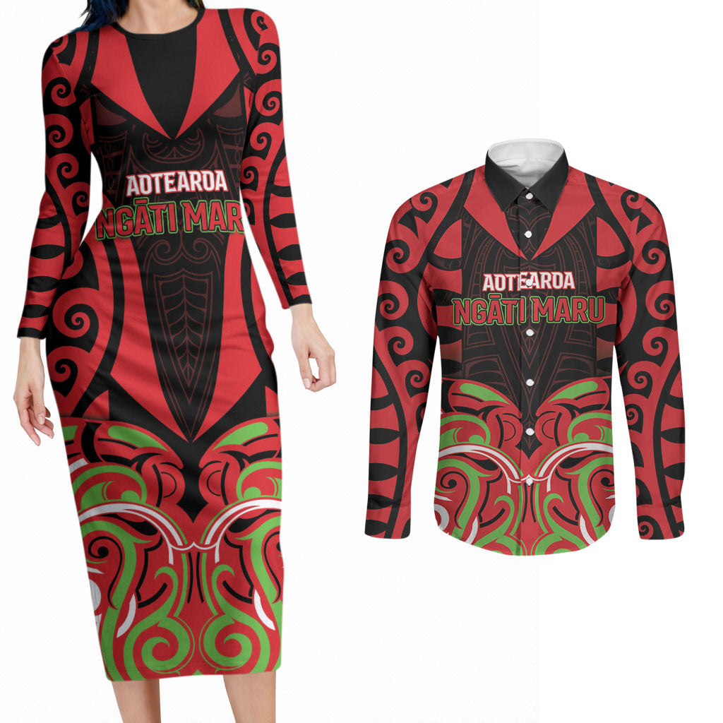 Custom Aotearoa Ngati Maru Couples Matching Long Sleeve Bodycon Dress and Long Sleeve Button Shirt New Zealand Traditional Maori Pattern