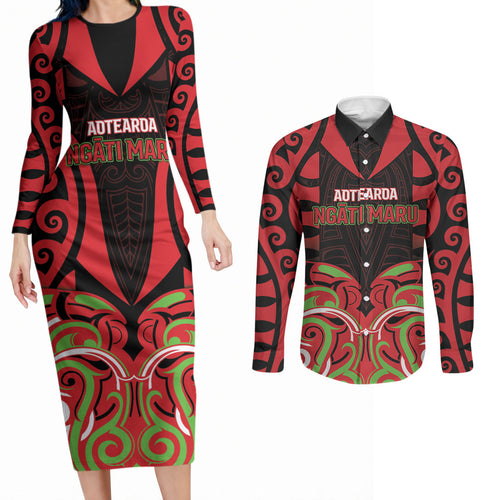 Custom Aotearoa Ngati Maru Couples Matching Long Sleeve Bodycon Dress and Long Sleeve Button Shirt New Zealand Traditional Maori Pattern