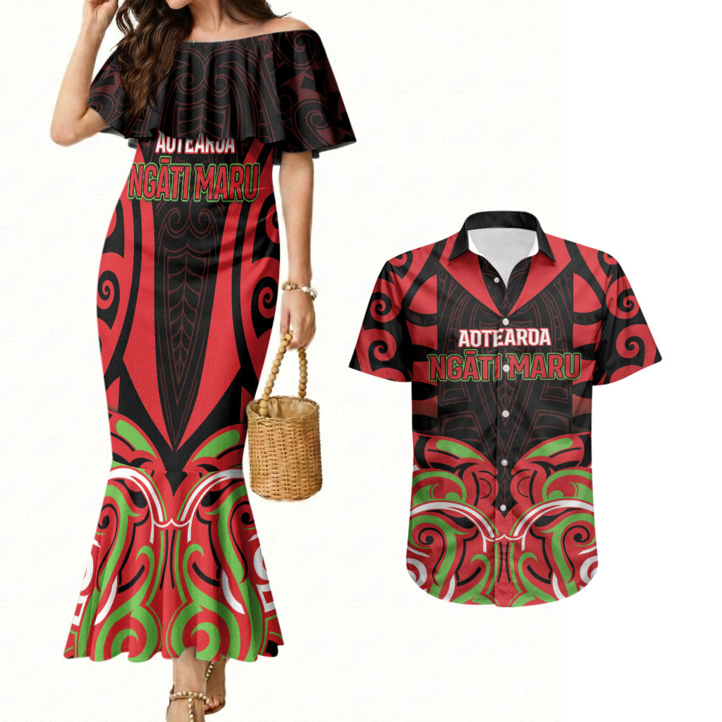 Custom Aotearoa Ngati Maru Couples Matching Mermaid Dress and Hawaiian Shirt New Zealand Traditional Maori Pattern