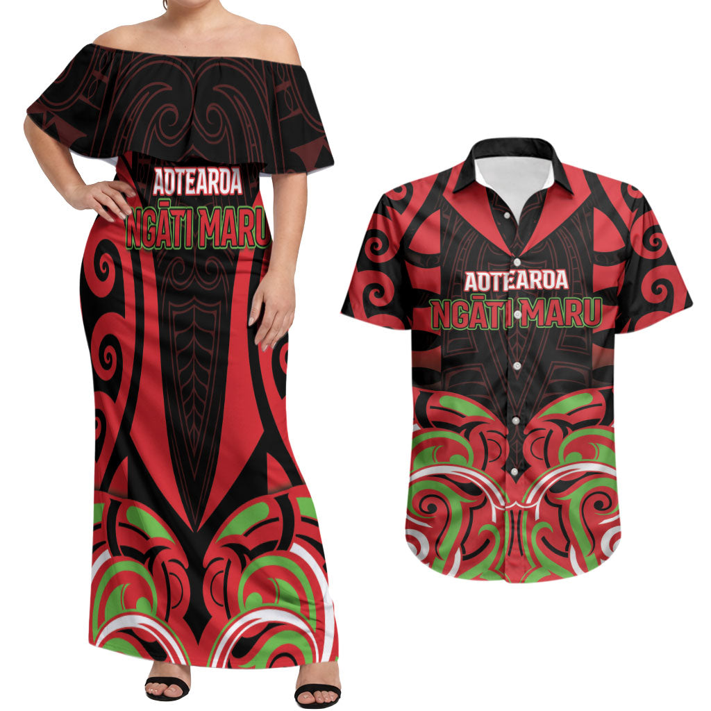 Custom Aotearoa Ngati Maru Couples Matching Off Shoulder Maxi Dress and Hawaiian Shirt New Zealand Traditional Maori Pattern