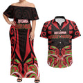 Custom Aotearoa Ngati Maru Couples Matching Off Shoulder Maxi Dress and Hawaiian Shirt New Zealand Traditional Maori Pattern