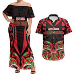 Custom Aotearoa Ngati Maru Couples Matching Off Shoulder Maxi Dress and Hawaiian Shirt New Zealand Traditional Maori Pattern