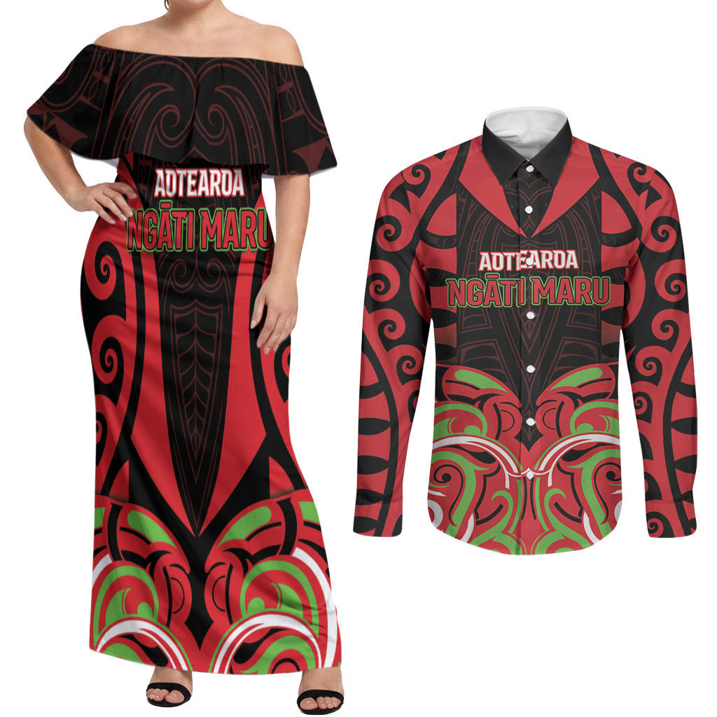 Custom Aotearoa Ngati Maru Couples Matching Off Shoulder Maxi Dress and Long Sleeve Button Shirt New Zealand Traditional Maori Pattern