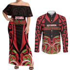 Custom Aotearoa Ngati Maru Couples Matching Off Shoulder Maxi Dress and Long Sleeve Button Shirt New Zealand Traditional Maori Pattern