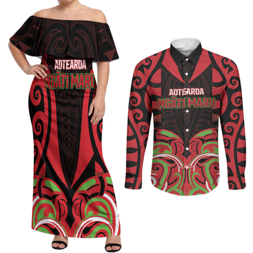 Custom Aotearoa Ngati Maru Couples Matching Off Shoulder Maxi Dress and Long Sleeve Button Shirt New Zealand Traditional Maori Pattern