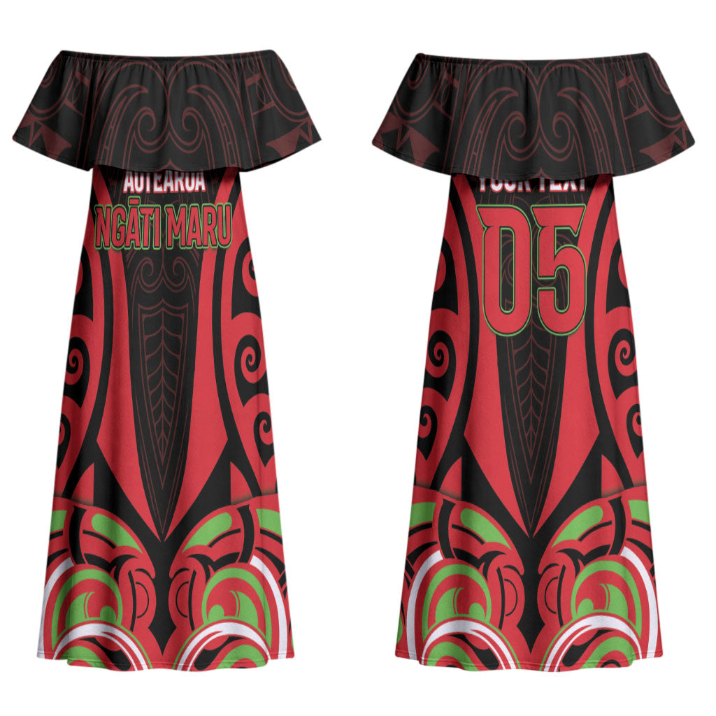 Custom Aotearoa Ngati Maru Couples Matching Off Shoulder Maxi Dress and Long Sleeve Button Shirt New Zealand Traditional Maori Pattern