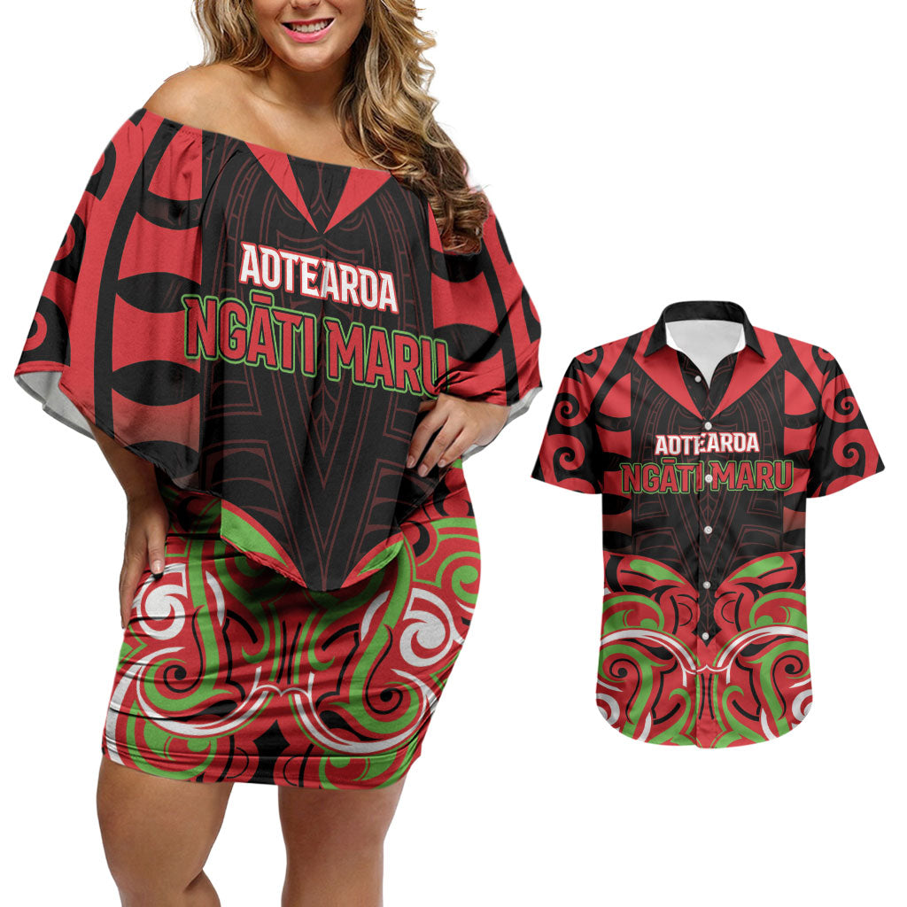 Custom Aotearoa Ngati Maru Couples Matching Off Shoulder Short Dress and Hawaiian Shirt New Zealand Traditional Maori Pattern