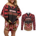 Custom Aotearoa Ngati Maru Couples Matching Off Shoulder Short Dress and Long Sleeve Button Shirt New Zealand Traditional Maori Pattern