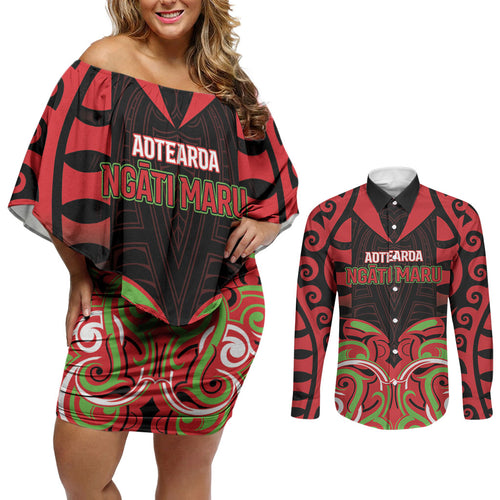 Custom Aotearoa Ngati Maru Couples Matching Off Shoulder Short Dress and Long Sleeve Button Shirt New Zealand Traditional Maori Pattern