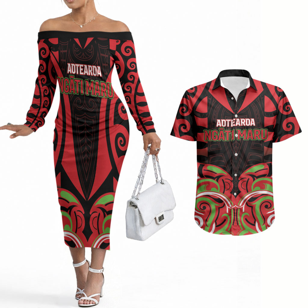 Custom Aotearoa Ngati Maru Couples Matching Off The Shoulder Long Sleeve Dress and Hawaiian Shirt New Zealand Traditional Maori Pattern
