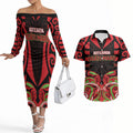 Custom Aotearoa Ngati Maru Couples Matching Off The Shoulder Long Sleeve Dress and Hawaiian Shirt New Zealand Traditional Maori Pattern
