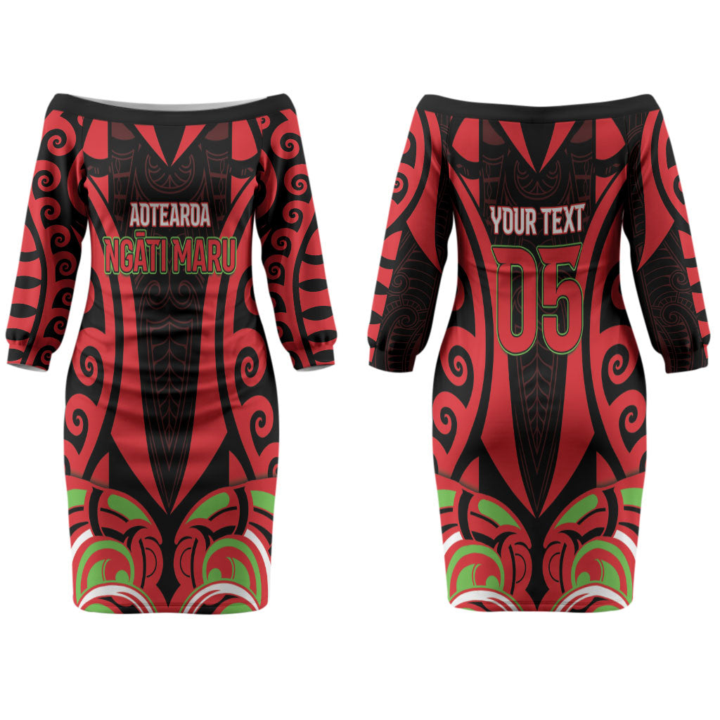 Custom Aotearoa Ngati Maru Couples Matching Off The Shoulder Long Sleeve Dress and Hawaiian Shirt New Zealand Traditional Maori Pattern
