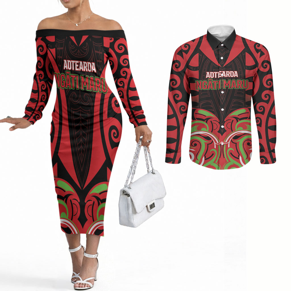 Custom Aotearoa Ngati Maru Couples Matching Off The Shoulder Long Sleeve Dress and Long Sleeve Button Shirt New Zealand Traditional Maori Pattern