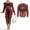 Custom Aotearoa Ngati Maru Couples Matching Off The Shoulder Long Sleeve Dress and Long Sleeve Button Shirt New Zealand Traditional Maori Pattern