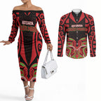 Custom Aotearoa Ngati Maru Couples Matching Off The Shoulder Long Sleeve Dress and Long Sleeve Button Shirt New Zealand Traditional Maori Pattern