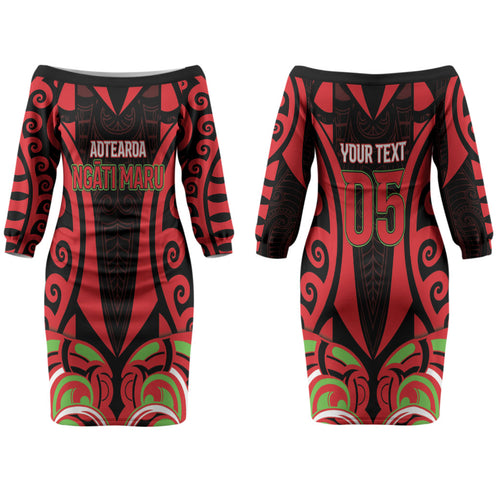 Custom Aotearoa Ngati Maru Couples Matching Off The Shoulder Long Sleeve Dress and Long Sleeve Button Shirt New Zealand Traditional Maori Pattern