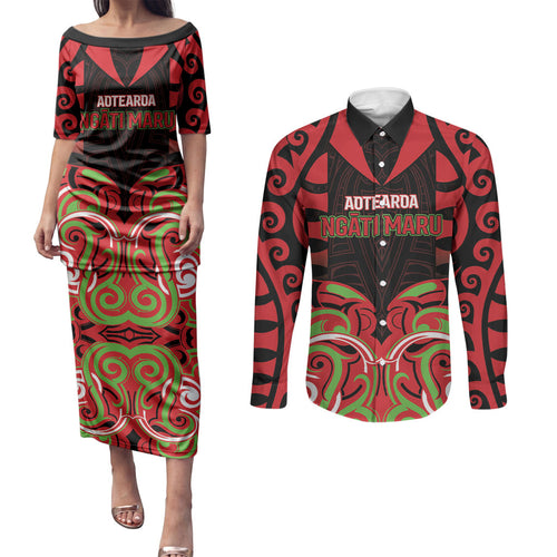 Custom Aotearoa Ngati Maru Couples Matching Puletasi and Long Sleeve Button Shirt New Zealand Traditional Maori Pattern