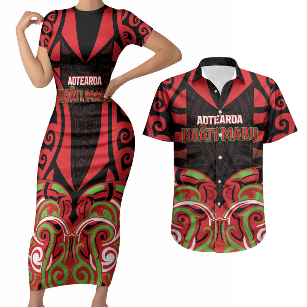 Custom Aotearoa Ngati Maru Couples Matching Short Sleeve Bodycon Dress and Hawaiian Shirt New Zealand Traditional Maori Pattern