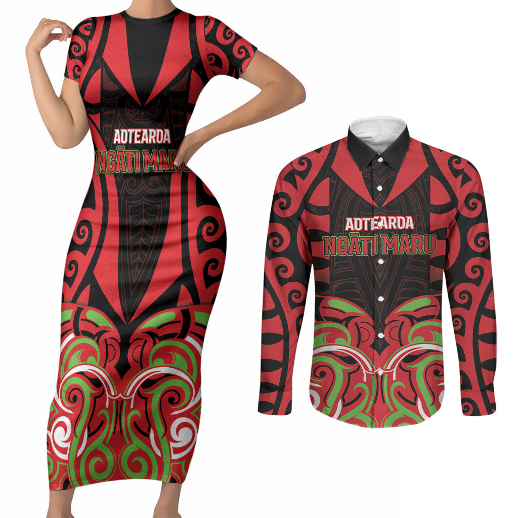 Custom Aotearoa Ngati Maru Couples Matching Short Sleeve Bodycon Dress and Long Sleeve Button Shirt New Zealand Traditional Maori Pattern