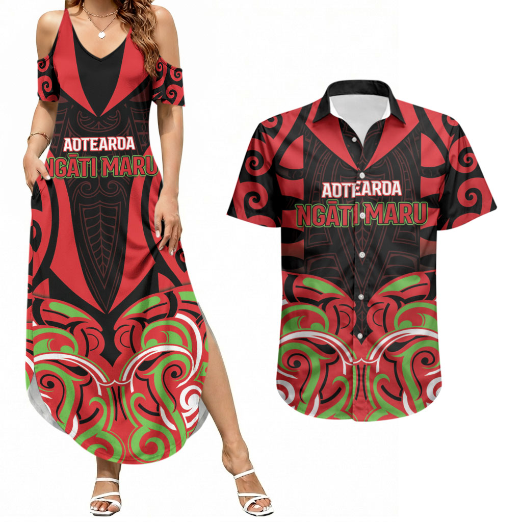 Custom Aotearoa Ngati Maru Couples Matching Summer Maxi Dress and Hawaiian Shirt New Zealand Traditional Maori Pattern