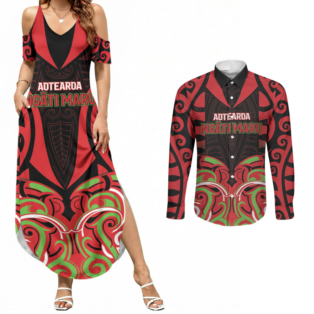 Custom Aotearoa Ngati Maru Couples Matching Summer Maxi Dress and Long Sleeve Button Shirt New Zealand Traditional Maori Pattern