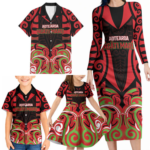 Custom Aotearoa Ngati Maru Family Matching Long Sleeve Bodycon Dress and Hawaiian Shirt New Zealand Traditional Maori Pattern