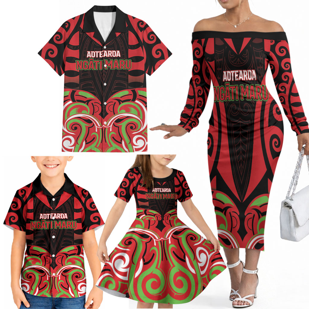 Custom Aotearoa Ngati Maru Family Matching Off The Shoulder Long Sleeve Dress and Hawaiian Shirt New Zealand Traditional Maori Pattern