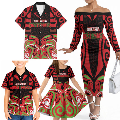 Custom Aotearoa Ngati Maru Family Matching Off The Shoulder Long Sleeve Dress and Hawaiian Shirt New Zealand Traditional Maori Pattern
