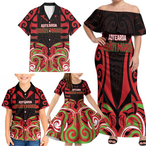 Custom Aotearoa Ngati Maru Family Matching Off Shoulder Maxi Dress and Hawaiian Shirt New Zealand Traditional Maori Pattern
