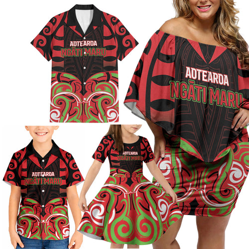 Custom Aotearoa Ngati Maru Family Matching Off Shoulder Short Dress and Hawaiian Shirt New Zealand Traditional Maori Pattern