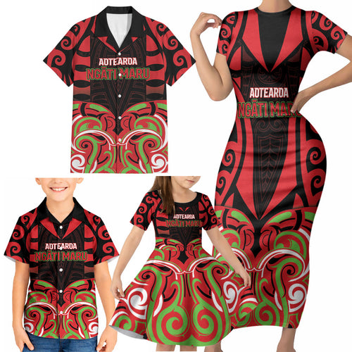 Custom Aotearoa Ngati Maru Family Matching Short Sleeve Bodycon Dress and Hawaiian Shirt New Zealand Traditional Maori Pattern