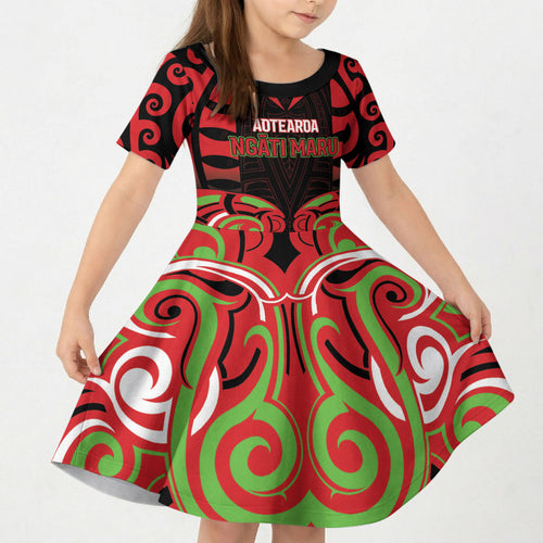 Custom Aotearoa Ngati Maru Kid Short Sleeve Dress New Zealand Traditional Maori Pattern