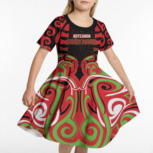 Custom Aotearoa Ngati Maru Kid Short Sleeve Dress New Zealand Traditional Maori Pattern