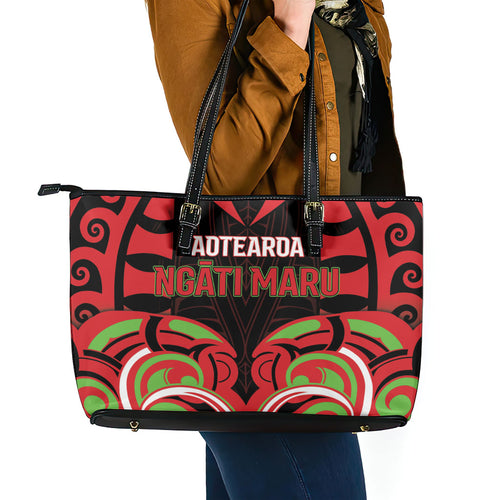 Aotearoa Ngati Maru Leather Tote Bag New Zealand Traditional Maori Pattern