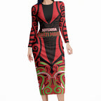 Custom Aotearoa Ngati Maru Long Sleeve Bodycon Dress New Zealand Traditional Maori Pattern