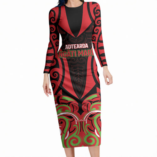 Custom Aotearoa Ngati Maru Long Sleeve Bodycon Dress New Zealand Traditional Maori Pattern