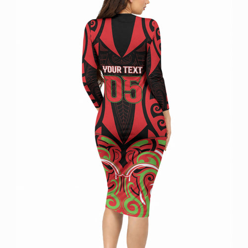 Custom Aotearoa Ngati Maru Long Sleeve Bodycon Dress New Zealand Traditional Maori Pattern