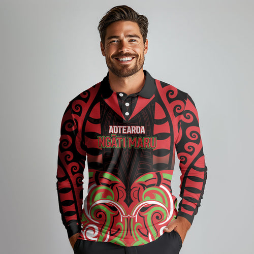 Custom Aotearoa Ngati Maru Long Sleeve Polo Shirt New Zealand Traditional Maori Pattern