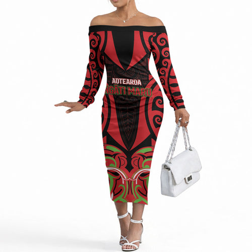 Custom Aotearoa Ngati Maru Off The Shoulder Long Sleeve Dress New Zealand Traditional Maori Pattern