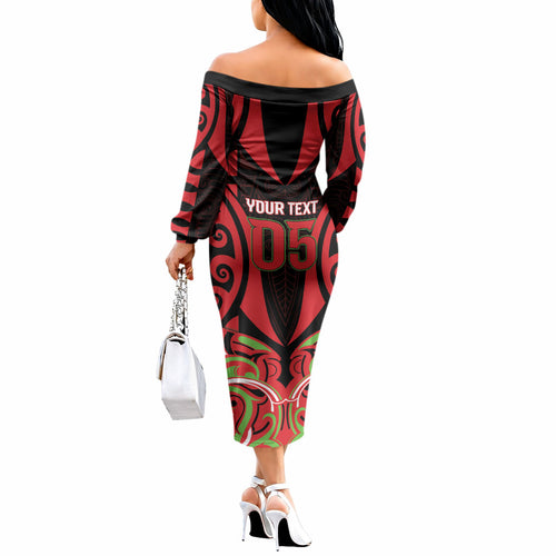 Custom Aotearoa Ngati Maru Off The Shoulder Long Sleeve Dress New Zealand Traditional Maori Pattern