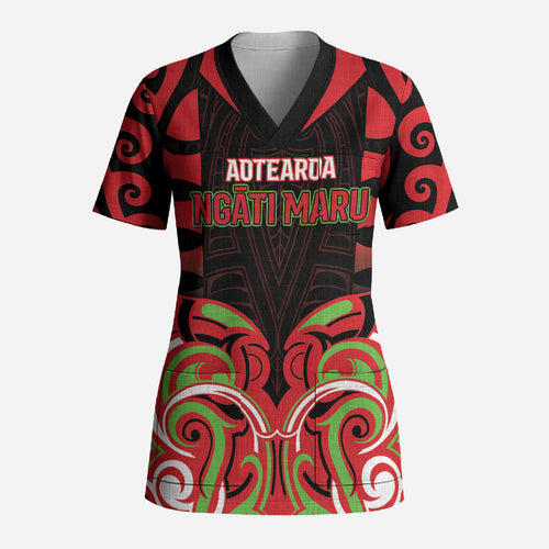 Custom Aotearoa Ngati Maru Scrub Top New Zealand Traditional Maori Pattern