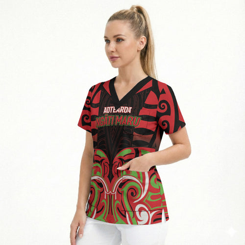 Custom Aotearoa Ngati Maru Scrub Top New Zealand Traditional Maori Pattern