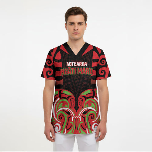 Custom Aotearoa Ngati Maru Scrub Top New Zealand Traditional Maori Pattern