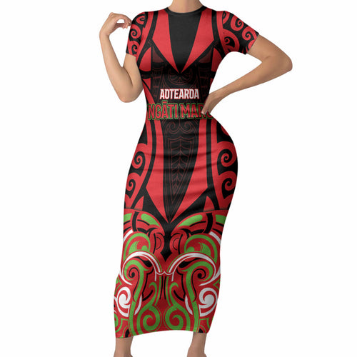 Custom Aotearoa Ngati Maru Short Sleeve Bodycon Dress New Zealand Traditional Maori Pattern