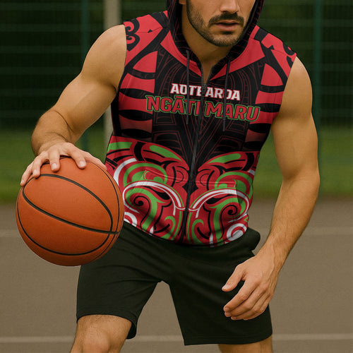 Custom Aotearoa Ngati Maru Sleeveless Zip Hoodie New Zealand Traditional Maori Pattern