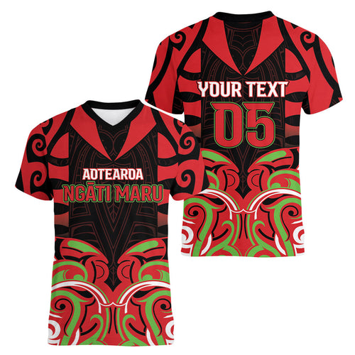 Custom Aotearoa Ngati Maru Women V-Neck T-Shirt New Zealand Traditional Maori Pattern