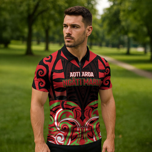 Custom Aotearoa Ngati Maru Zipper Polo Shirt New Zealand Traditional Maori Pattern