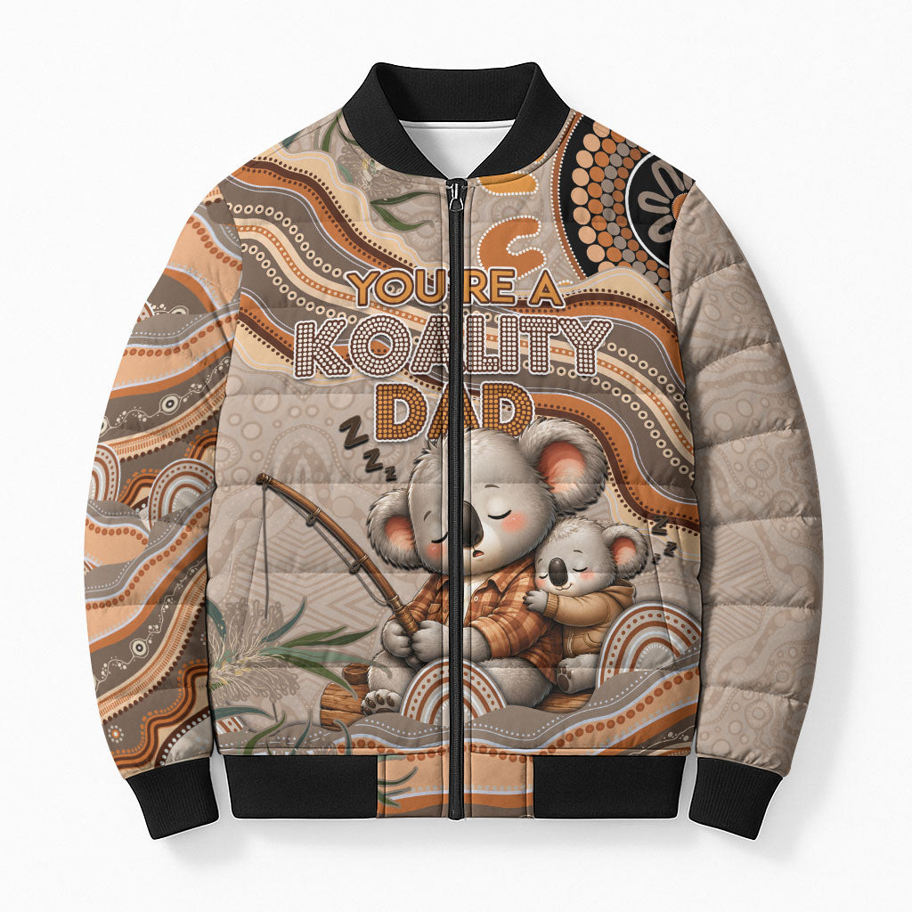 Personalised Australia Father's Day Bomber Puffer Jacket Koality Dad Fishing Aboriginal Dot Art