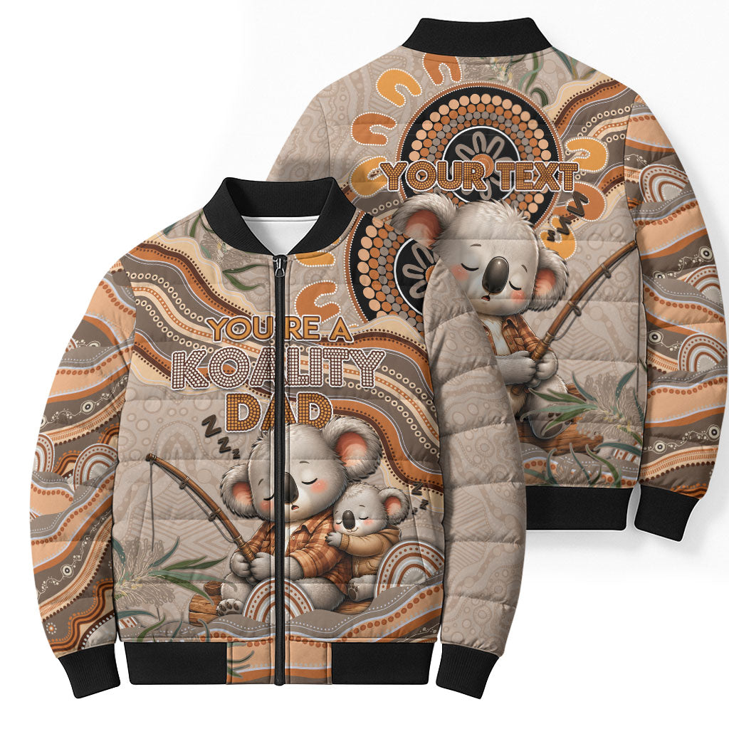 Personalised Australia Father's Day Bomber Puffer Jacket Koality Dad Fishing Aboriginal Dot Art